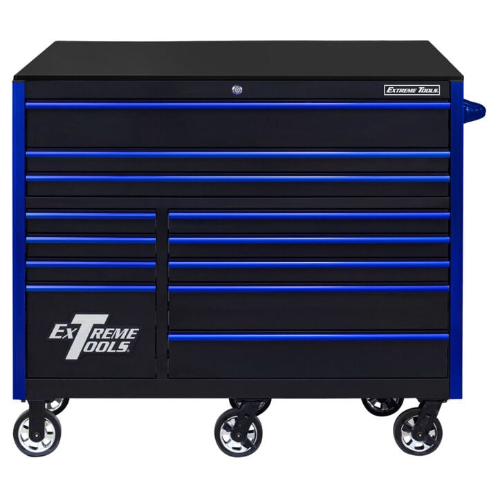 Extreme Tools 55in Black Roller Cabinet with Blue Drawer Pulls, large image number 1