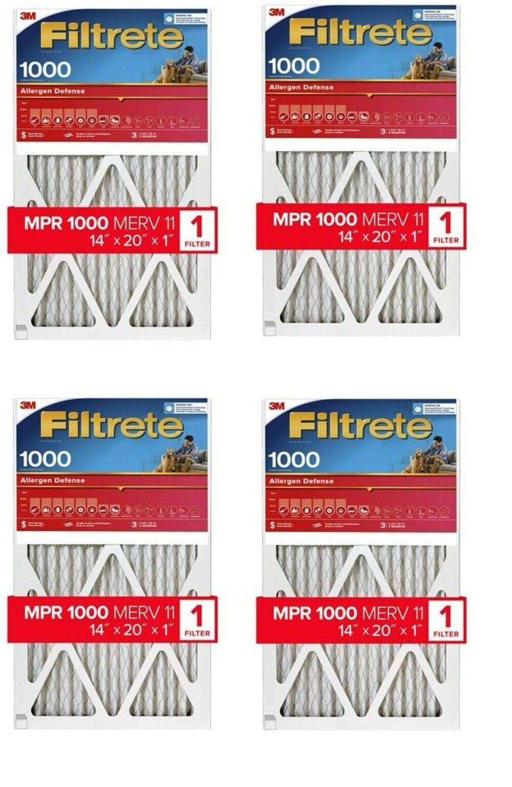 3M Filtrete 1000 MPR 14 x 20 x 1 Inch Allergen Defense Air Filter 4 Pack – 9805-4