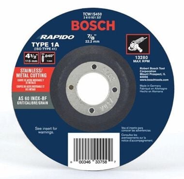 Bosch 4-1/2 In. .040 In. 7/8 In. Arbor Type 1A (ISO 41) 60 Grit Rapido Fast Metal/Stainless Cutting Abrasive Wheel