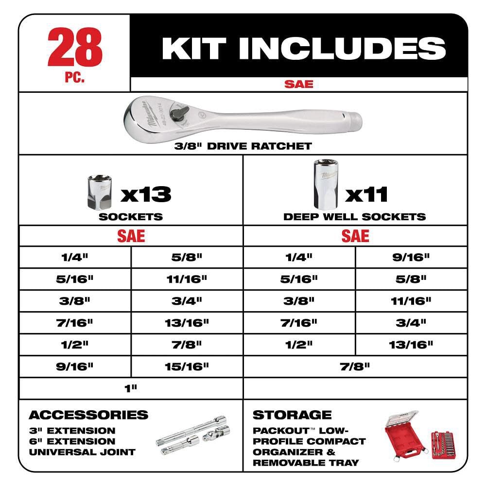 Milwaukee 3/8in 28 Pc Ratchet & Socket Set with PACKOUT Organizer, large image number 2