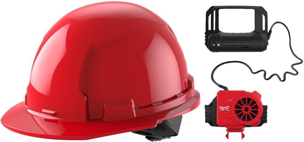 Milwaukee Red Front Brim Hard Hat with 4pt Ratcheting Suspension Type 1 Class E & BOLT USB Cooling Fan Bundle, large image number 1