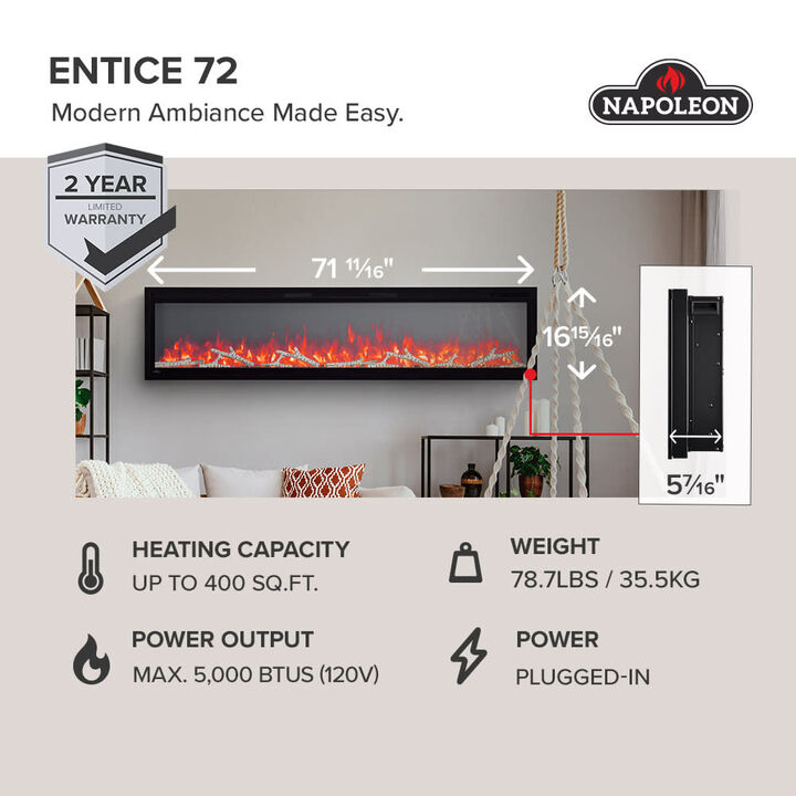 Napoleon Entice 72 Inch Black Single-Sided Wall-Hanging Electric Fireplace, large image number 4