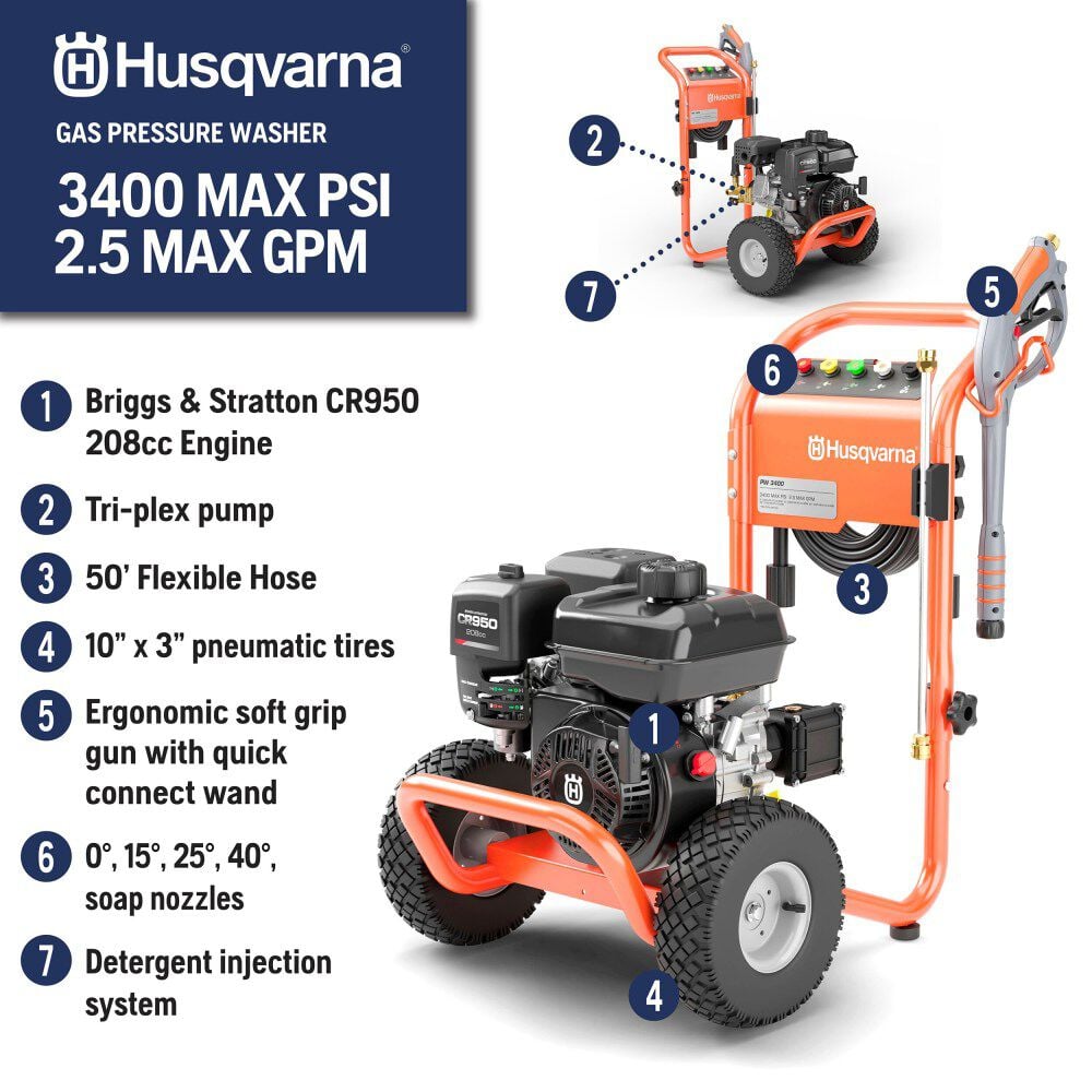 Husqvarna 3400 PSI 2.5 GPM Triplex Pump Gas Powered Cold Water Pressure Washer with 5 Spray Tips, large image number 10