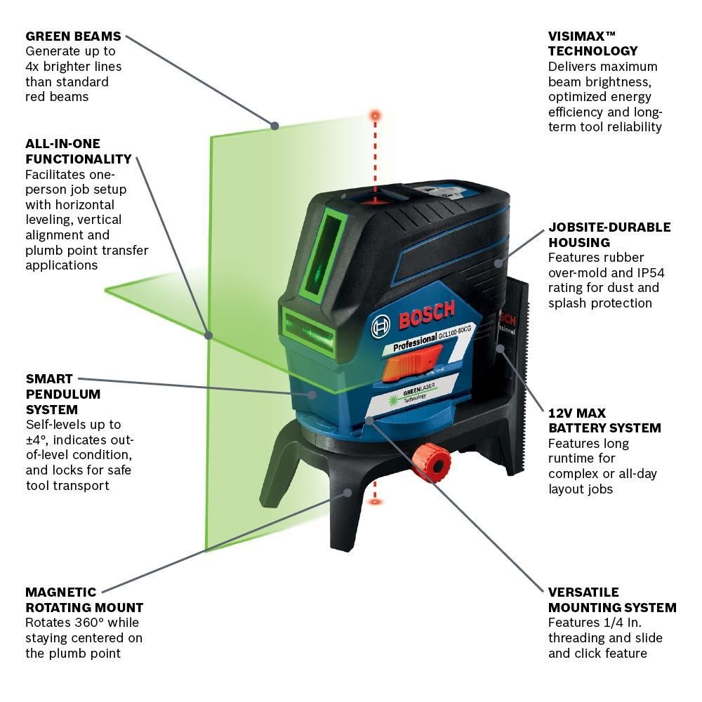 Bosch 12V Max Connected Green-Beam Cross-Line Laser with Plumb Points, large image number 2