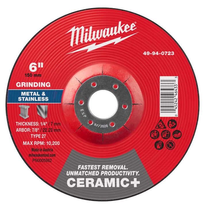 Milwaukee 6 Inch x 1/4 Inch x 7/8 Inch Ceramic+ Metal Grinding Wheel Type 27 -, large image number 0