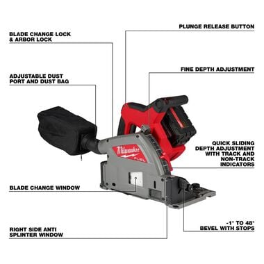Milwaukee M18 FUEL 6 1/2 Plunge Track Saw Kit 55inch Guide Rail with Clamps & Bag Bundle, large image number 6