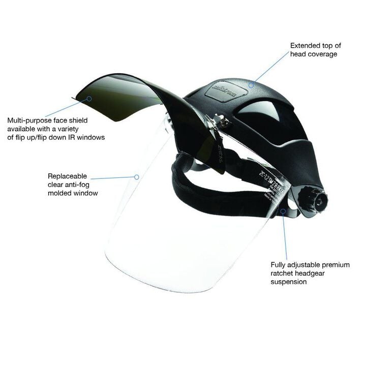Sellstrom Single-Crown Face Shield - Universal Slot Adapter, Clear Polycarbonate Window, Anti-Fog, Shade 5 UV/IR Front Flip Visor, large image number 1
