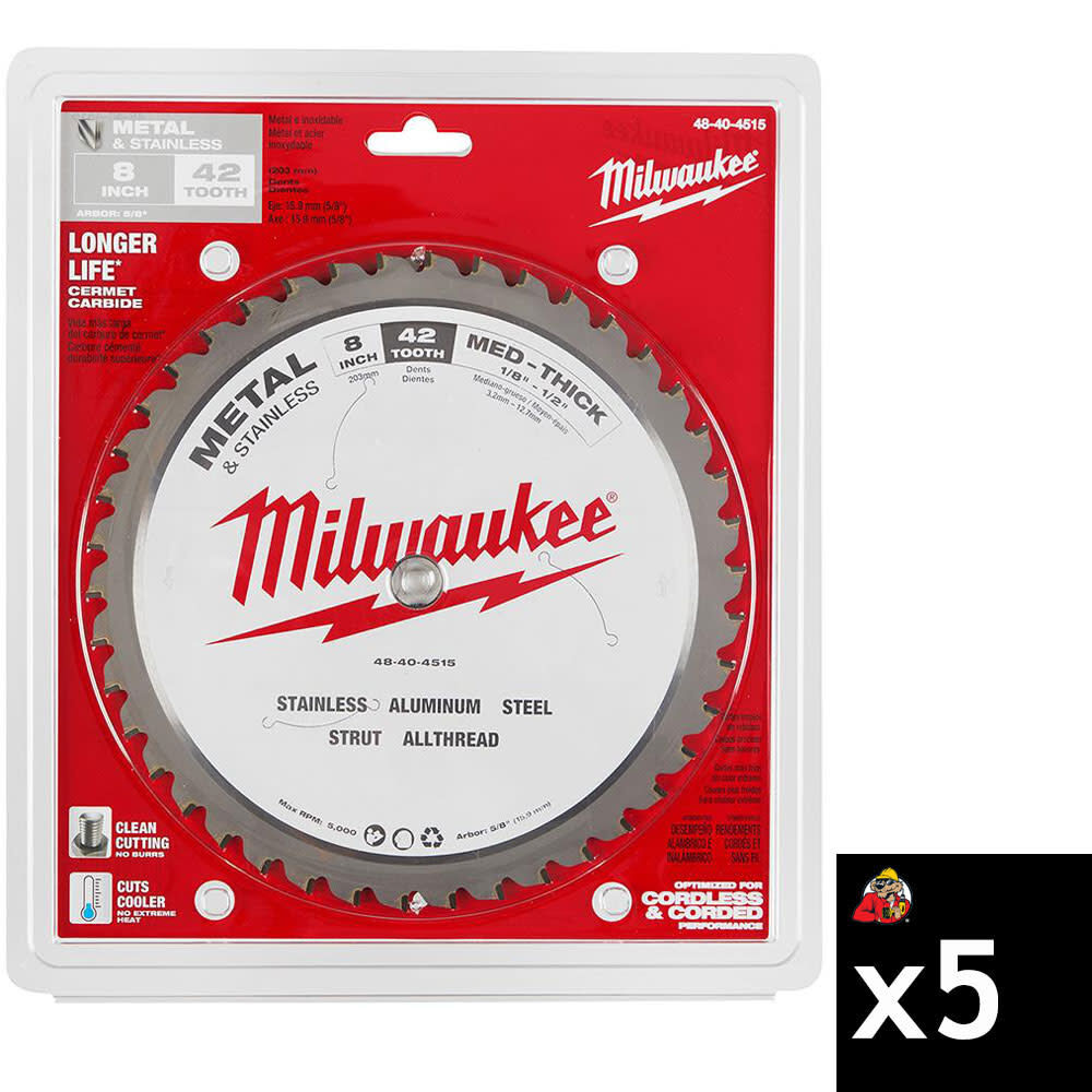Milwaukee 8 Inch 42 Tooth Dry Cut Cermet Tipped Circular Saw Blade Bundle, 5 Pieces, large image number 1