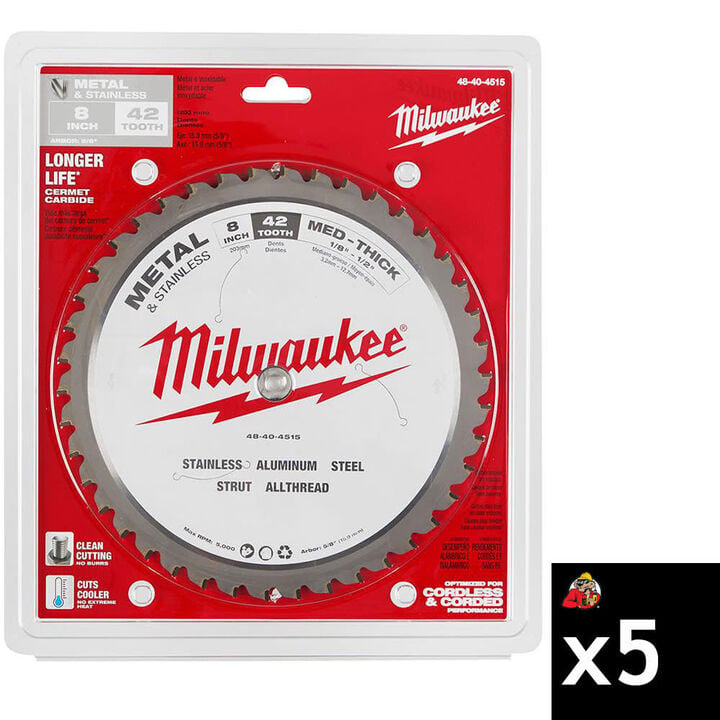 Milwaukee 8 Inch 42 Tooth Dry Cut Cermet Tipped Circular Saw Blade Bundle, 5 Pieces