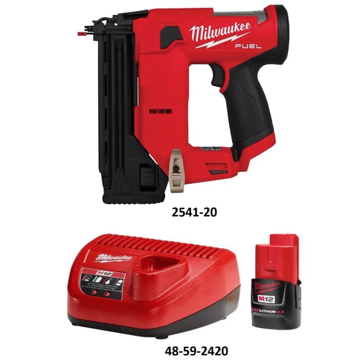 Milwaukee M12 Fuel 18 Gauge Compact Brad Nailer and 2.0 Starter Kit Bundle, large image number 1