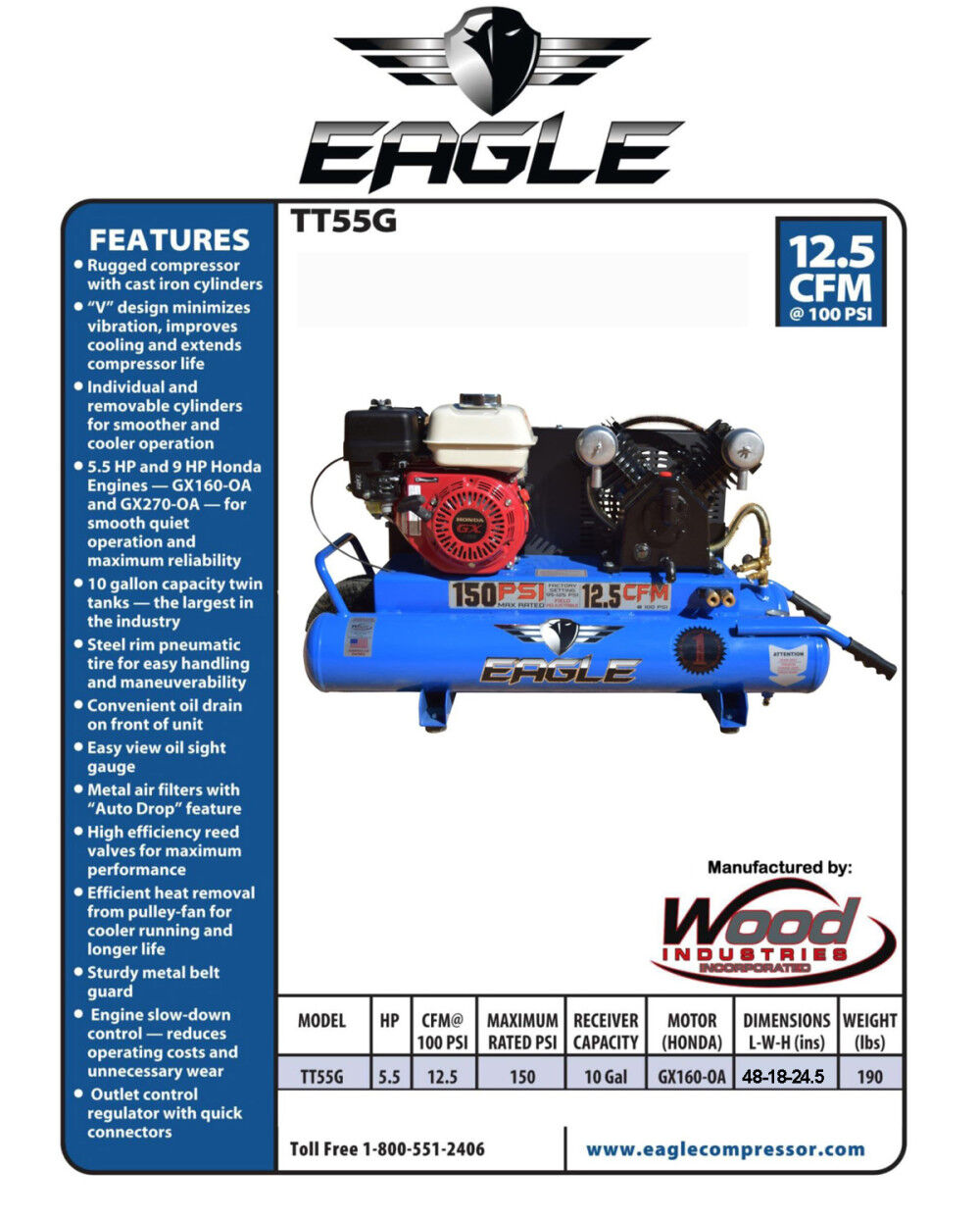 Eagle Compressor Portable Gas Wheelbarrow Air Compressor 10 Gallon, large image number 5