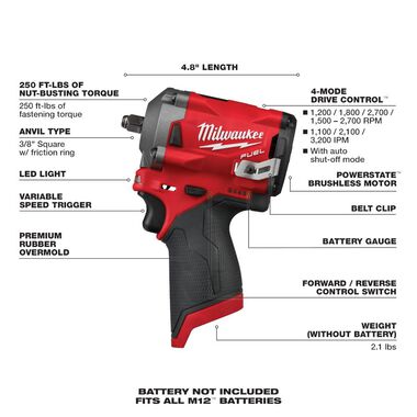 Milwaukee M12 FUEL Stubby 3/8 in. Impact Wrench (Bare Tool), large image number 5