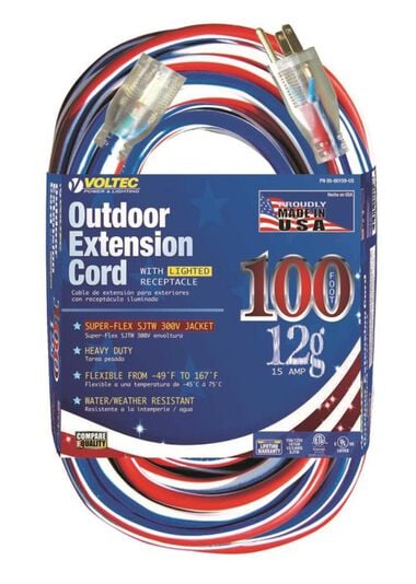 Voltec 100Ft 12/3 SJTW Red/White/Blue Extension Cord with Lighted Ends