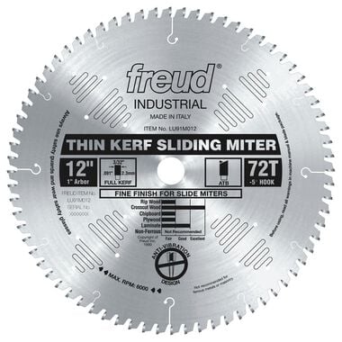 Freud 12 In. x 72T Thin Kerf Sliding Compound Miter Saw Blade, large image number 0