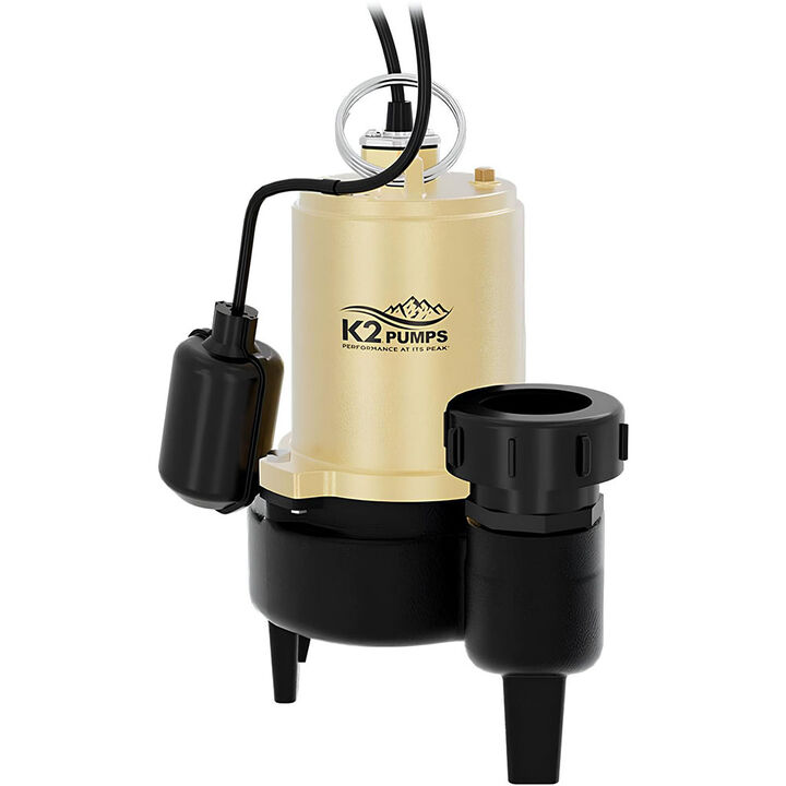 K2 Pumps Sewage Pump 1/2 HP Cast Iron with Piggyback Tethered Switch