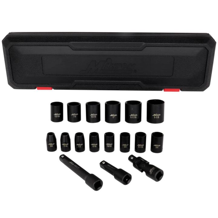 Milton 1/2 Inch Drive Shallow 6-Point Impact Socket Set 3/8 Inch-1-1/8 Inch SAE Steel Coated Black Oxide Finish with Universal Joint & Extension Bars 17 Piece