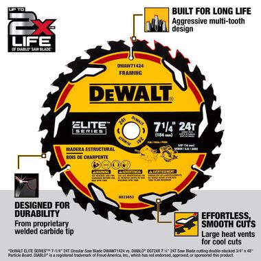DEWALT Elite Series Blister Circular Saw Blade 7 1/4in 24T, large image number 1
