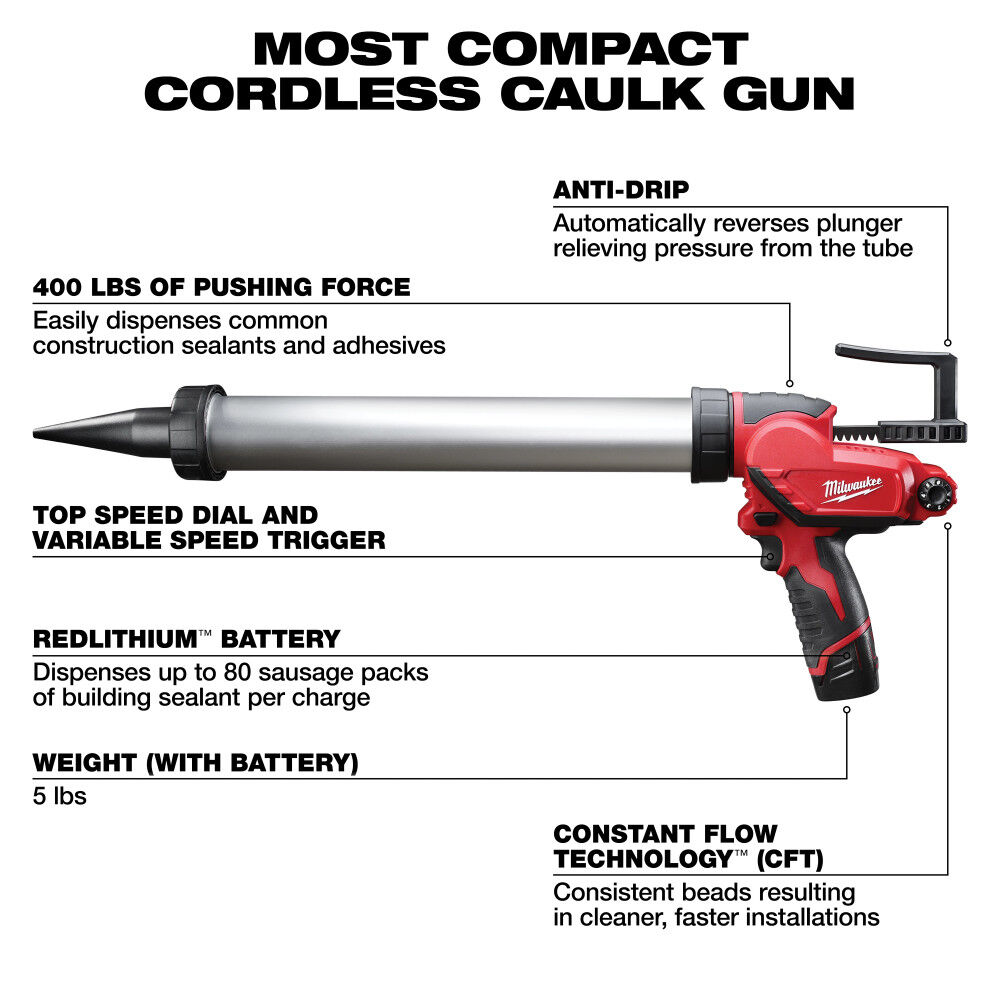 Milwaukee M12 20oz. Aluminum Barrel Sausage Style Caulk and Adhesive Gun Kit, large image number 3