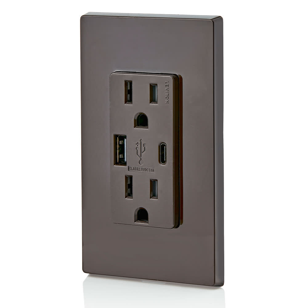 Leviton Outlet with USB Type A/C Charger 15A 125V 5-15R Brown, large image number 4