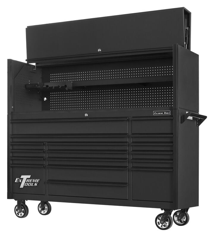 Extreme Tools DX Series 72 Inch W x 21 Inch D Extreme Power Workstation Hutch and 17 Drawer Roller Cabinet Combo Matte Black with Black Drawer Pulls, large image number 1