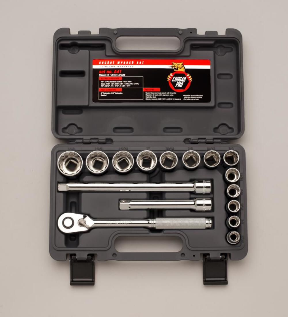 Cougar Pro 1/2 In. Drive 16 pc. 12 pt SAE Socket Set – A41