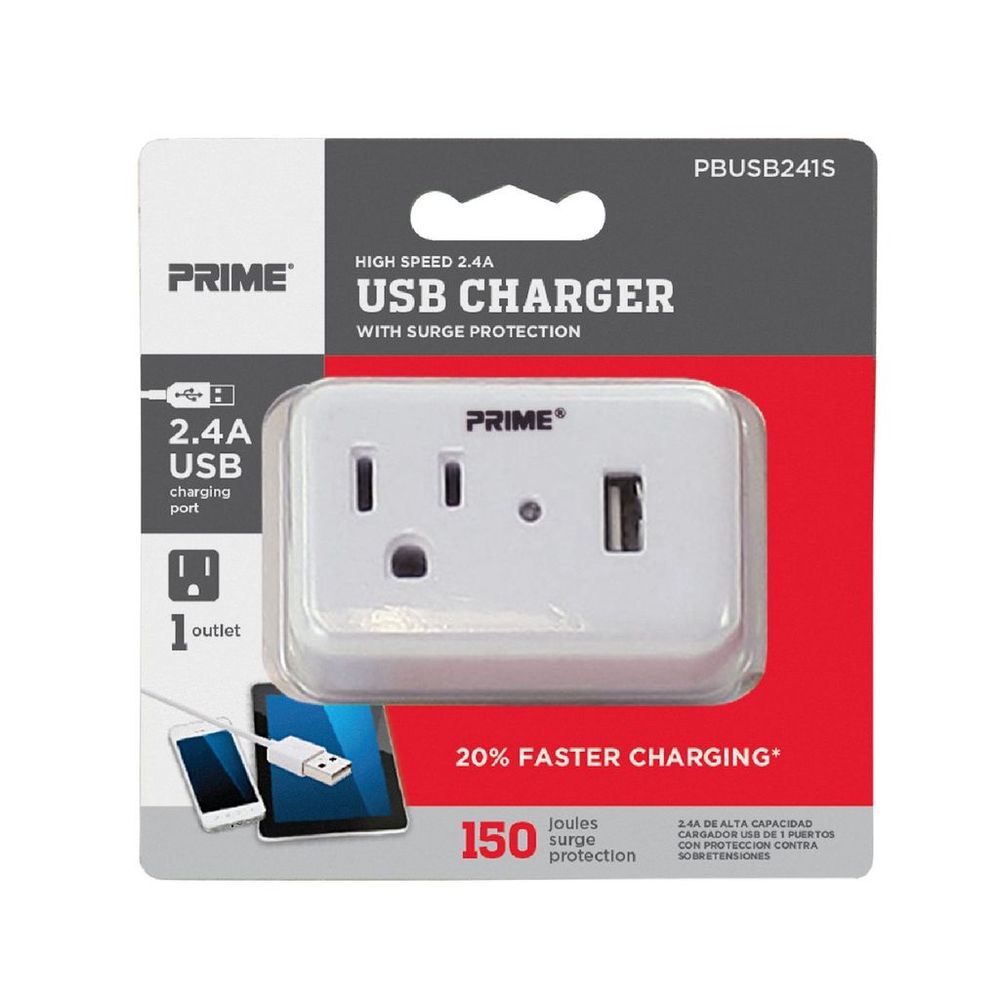 Prime 3 Prong 1 Outlet with 1 Port USB Charger, large image number 2