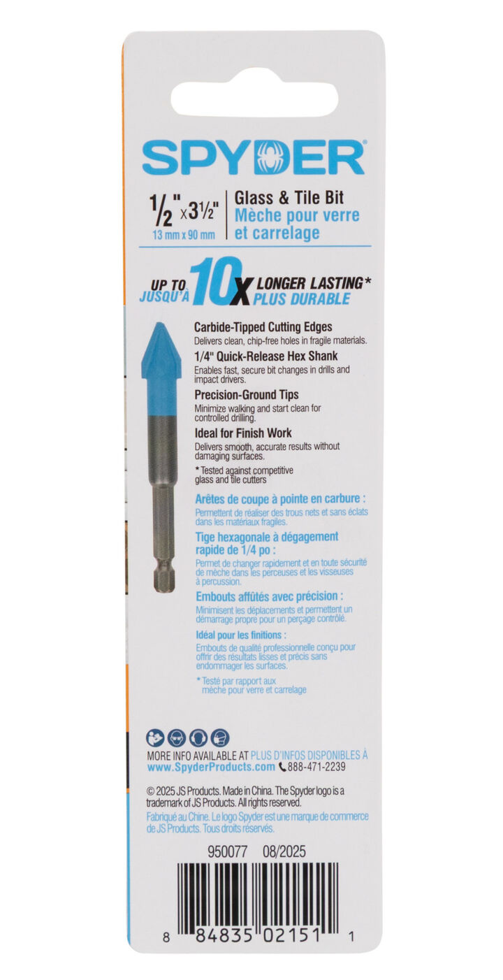 Spyder 1/2 Inch x 3.5 Inch Tile & Glass Drill Bit, Carbide-Tipped, large image number 8