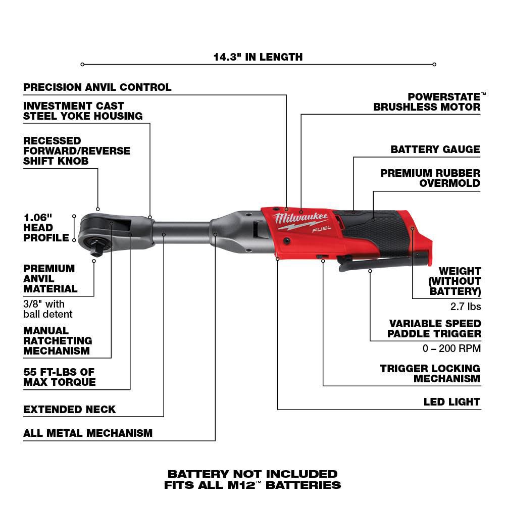 Milwaukee M12 Fuel 3 8 In Extended Reach Ratchet Reconditioned Bare Tool 2560 80 - Image 7