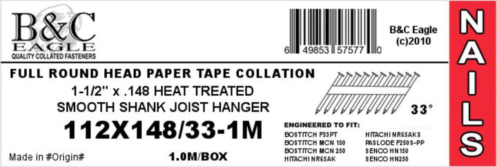 B and C Eagle Joist Hanger Nails 1 1/2 x .148 1000qty, large image number 1