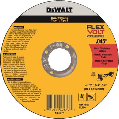 DEWALT FLEXVOLT 4-1/2 In. x .045 In. x 7/8 In. T1 5pk Cutting Wheel, large image number 0
