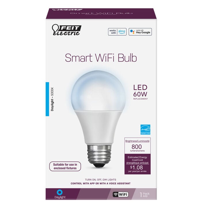 Feit Electric 60W A19 Alexa Google LED Smart WiFi Bulb 1pk, large image number 1