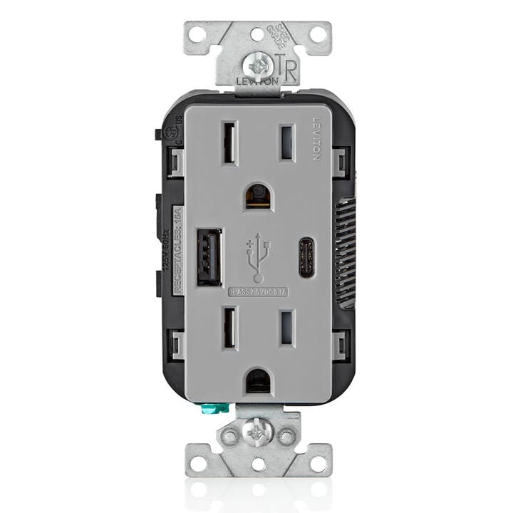 Leviton 15A 125V 5-15R Gray Outlet with USB Type A/C Charger, large image number 0