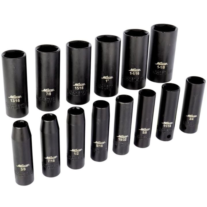 Milton 1/2 Drive Deep 6-Point Impact Socket Set 3/8 Inch- 1-1/8 SAE Steel Coated Black Oxide Finish 14pc, large image number 1