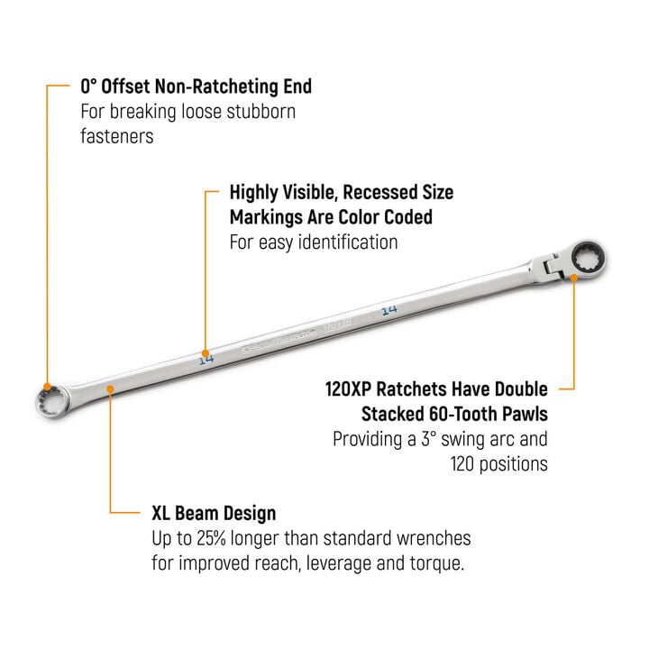 GEARWRENCH 120XP Universal Spline XL GearBox Flex Head Ratcheting Wrench, 7/16 Inch, large image number 2