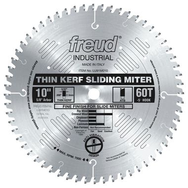 Freud 10 In. x 60T Thin Kerf Sliding Compound Miter Saw Blade, large image number 0