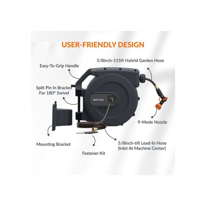 Giraffe Tools 5/8 Inch x 115 Foot Dark Grey Garden Hose Reel with PP Bracket, large image number 10