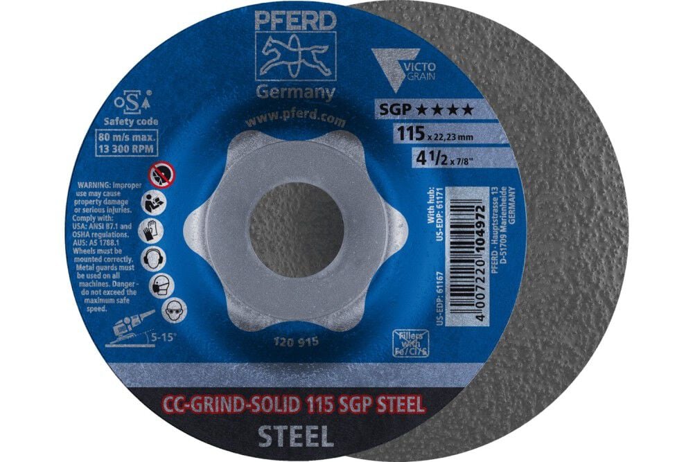 Pferd Grinding disc, CC-GRIND-SOLID, 4-1/2 Inch x 7/8, SGP STEEL VICTOGRAIN, Ceramic, large image number 1