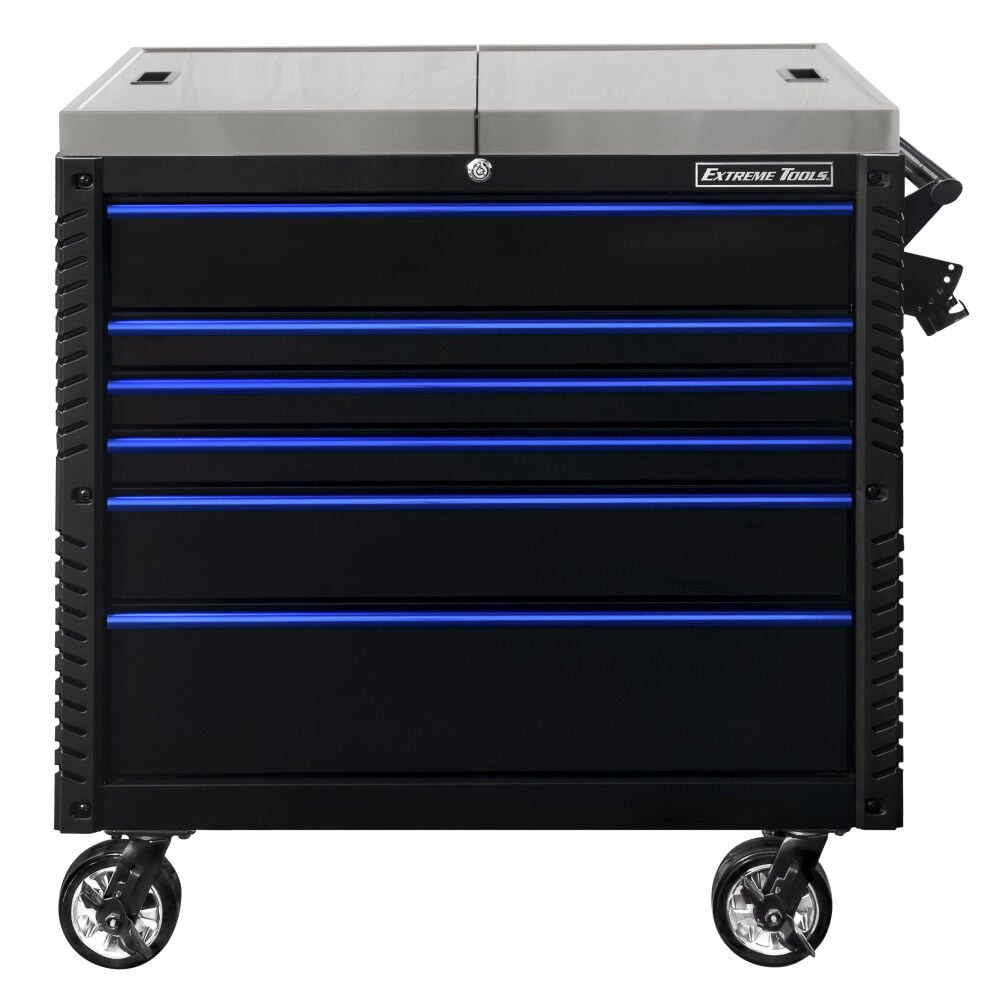 Extreme Tools 41″Stainless Steel Slide Top Tool Cart combines large amounts of storage in six drawers with mobility. The stainless-steel top easily