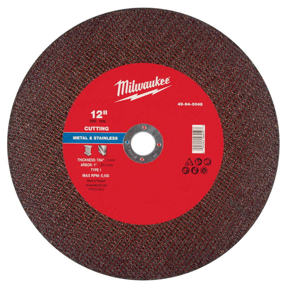 Milwaukee 12 Inch x 7/64 Inch x 1 Inch Metal Cut Off Wheel Type 1, large image number 1