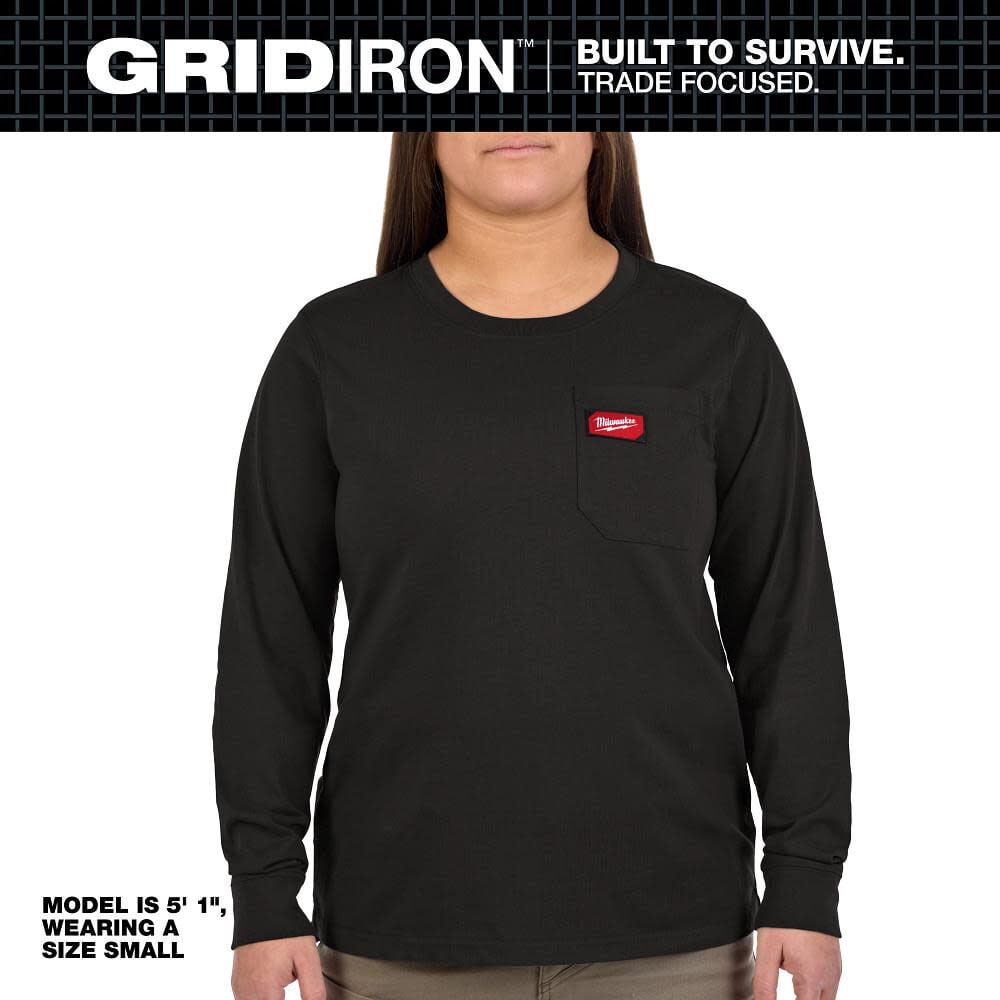 Milwaukee Womens GRIDIRON Pocket T-Shirt, Long Sleeve, Black Size 2XL – F551B-2X