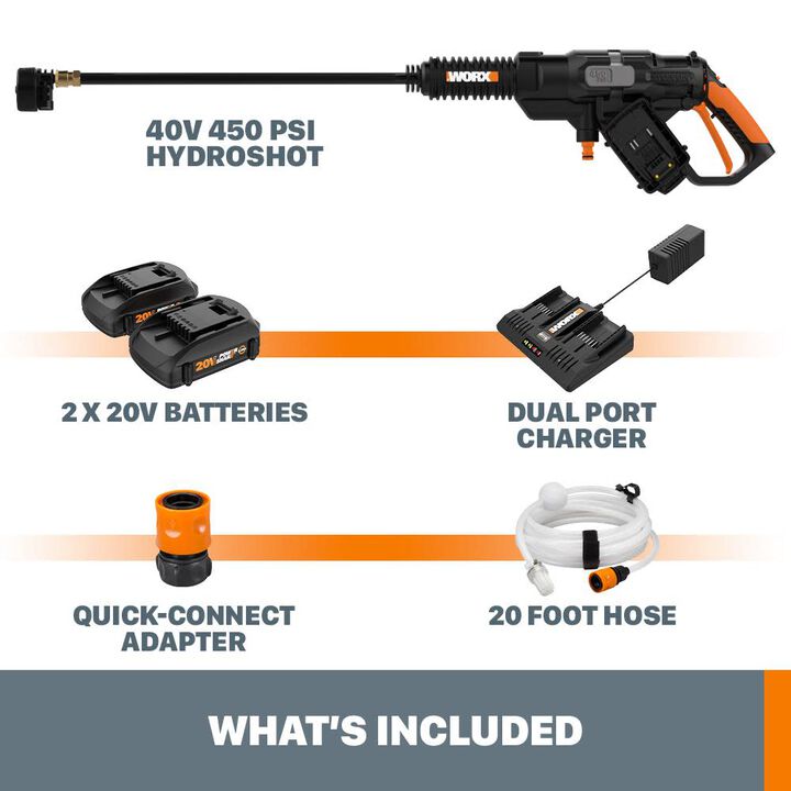 Worx POWER SHARE Hydroshot 450 PSI 0.9 GPM Battery Powered Cold Water Pressure Washer with 4-in-1 Nozzle 2.0Ah Kit, large image number 4