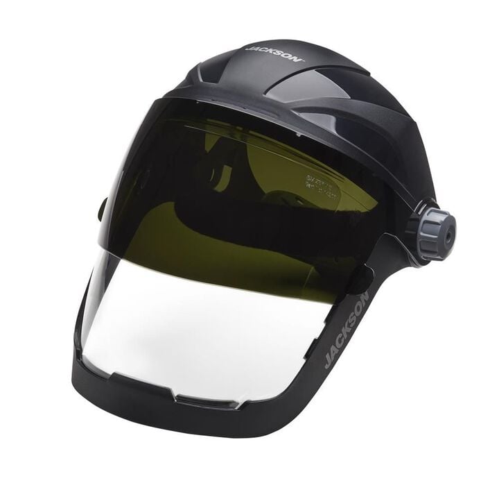 Jackson Safety QUAD 500 Multi-Purpose Face Shield, Clear Window, Shade 5 IR Flip Visor, Anti-Fog Coating, 370 Speed Dial Ratcheting