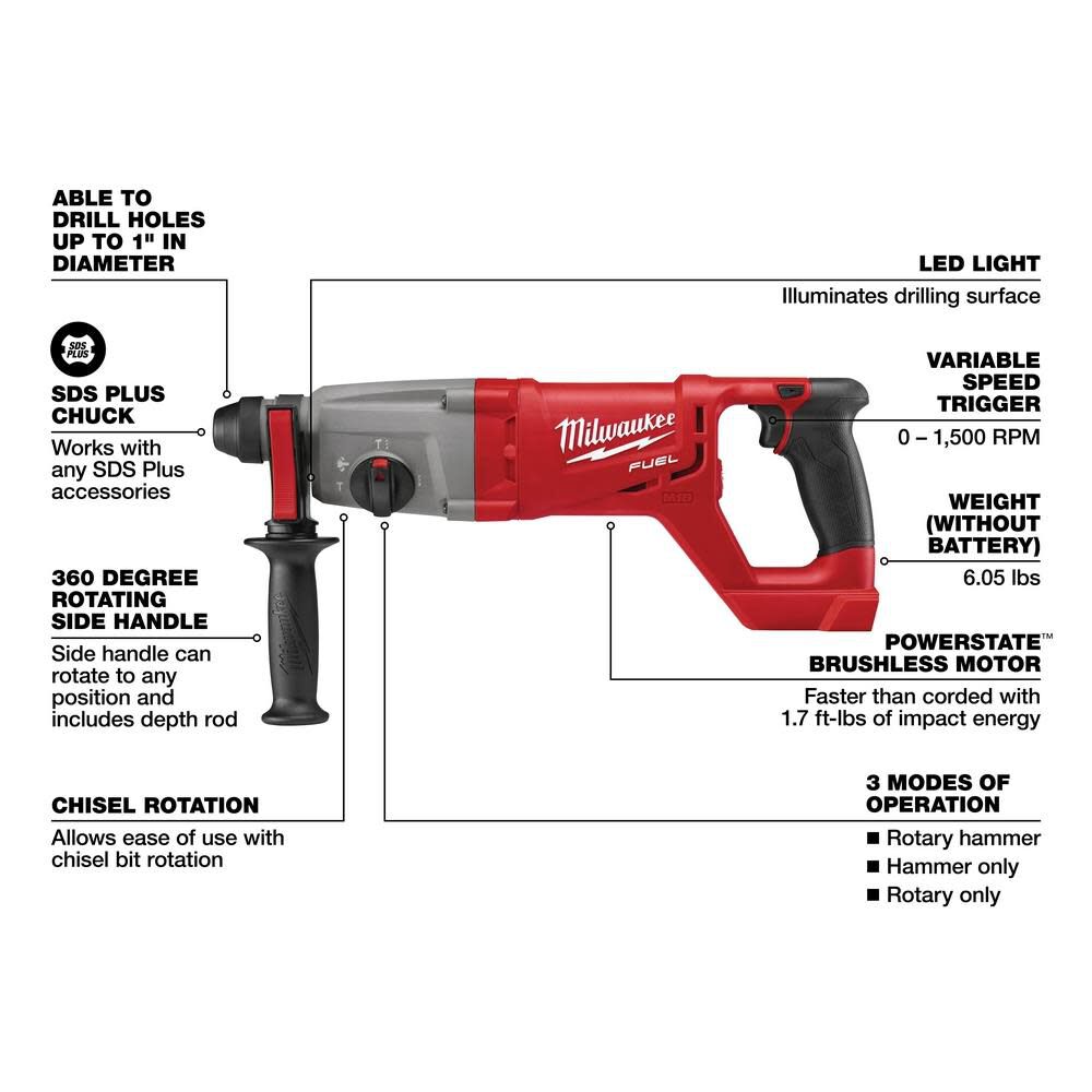 Milwaukee M18 FUEL Cordless 1 in. SDS Plus D handle Rotary Hammer