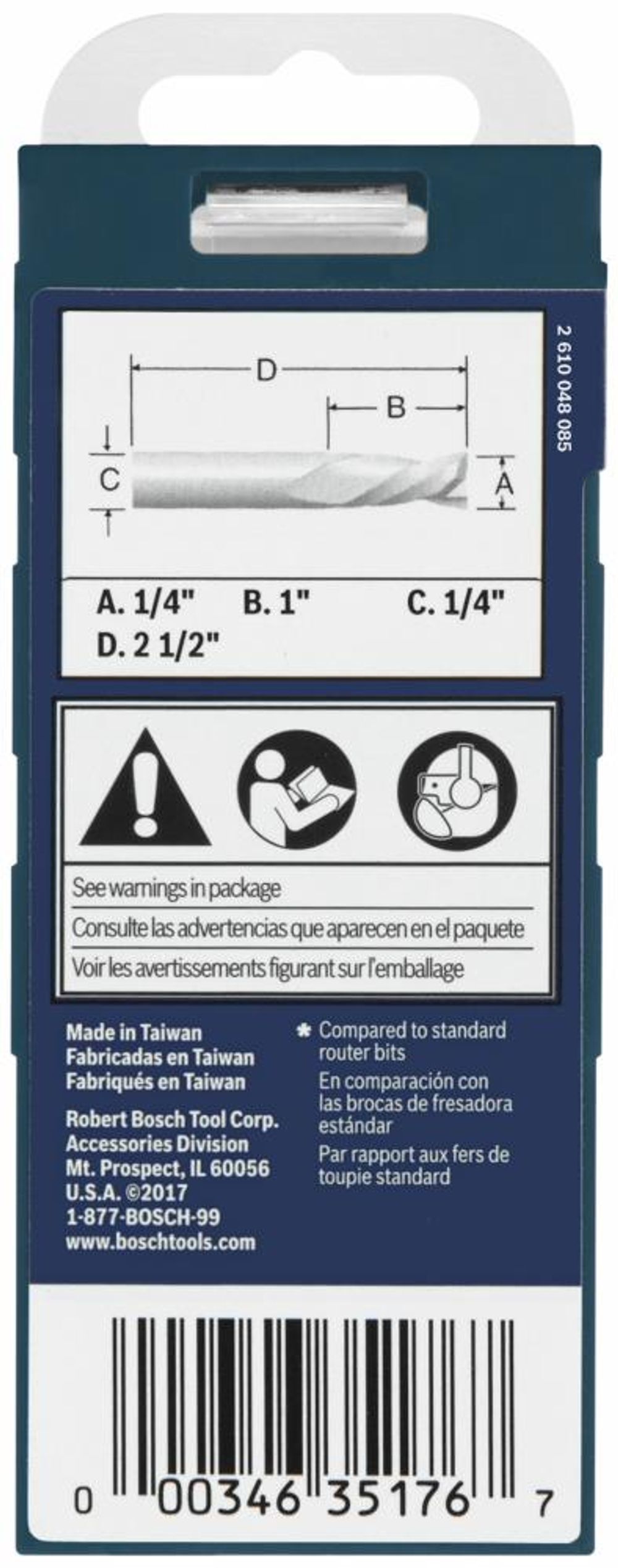 Bosch 1/4in x 1in Solid Carbide Double Flute Downcut Spiral Router Bit, large image number 2
