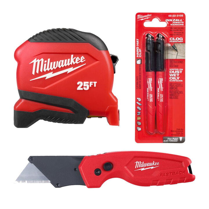 Milwaukee 25 Ft Compact Tape Measure, FASTBACK Compact Folding Utility Knife, and INKZALL Fine Point Black Marker 2pk Bundle