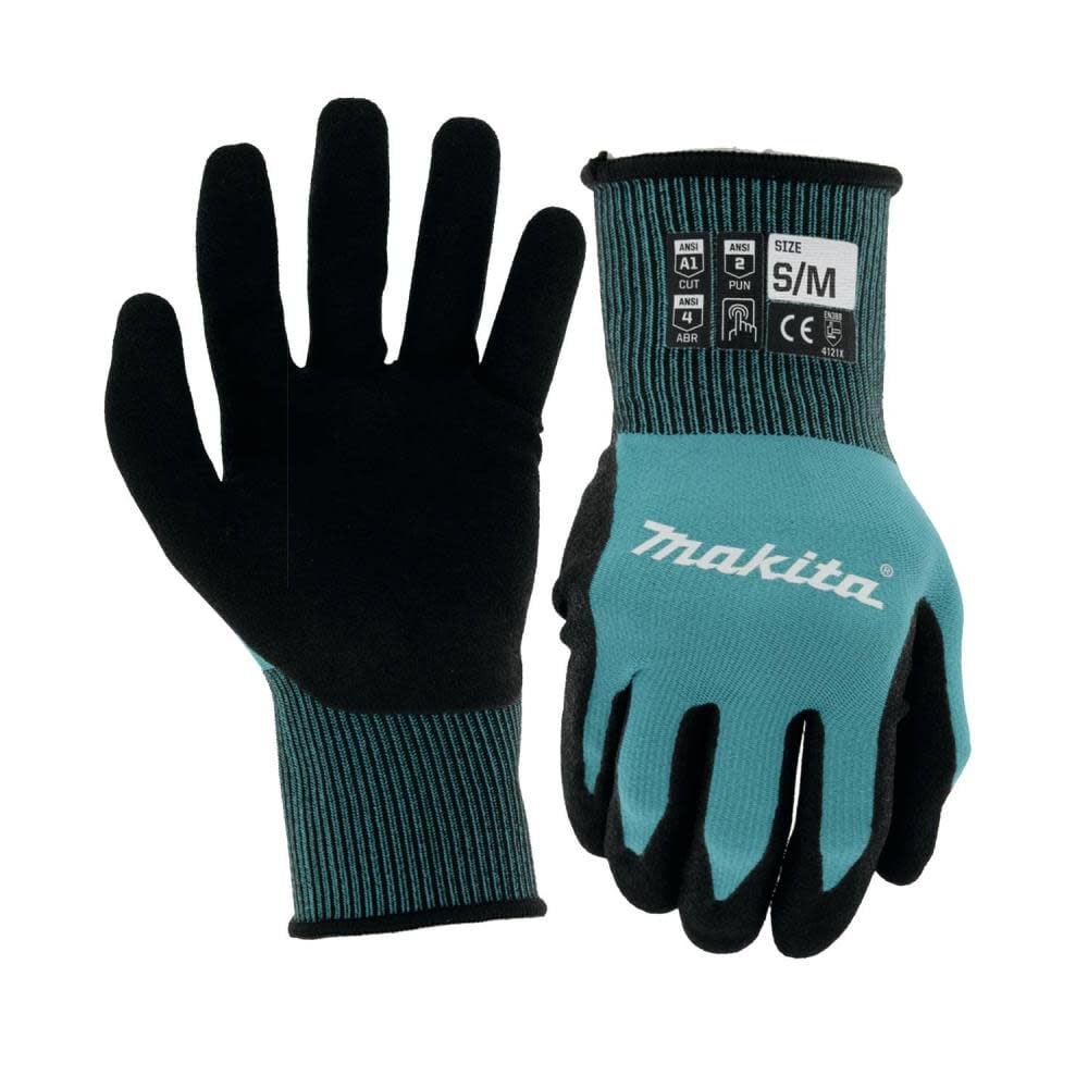 Makita FitKnit Gloves Cut Level 1 Nitrile Coated Dipped Small/Size Medium – T-04117