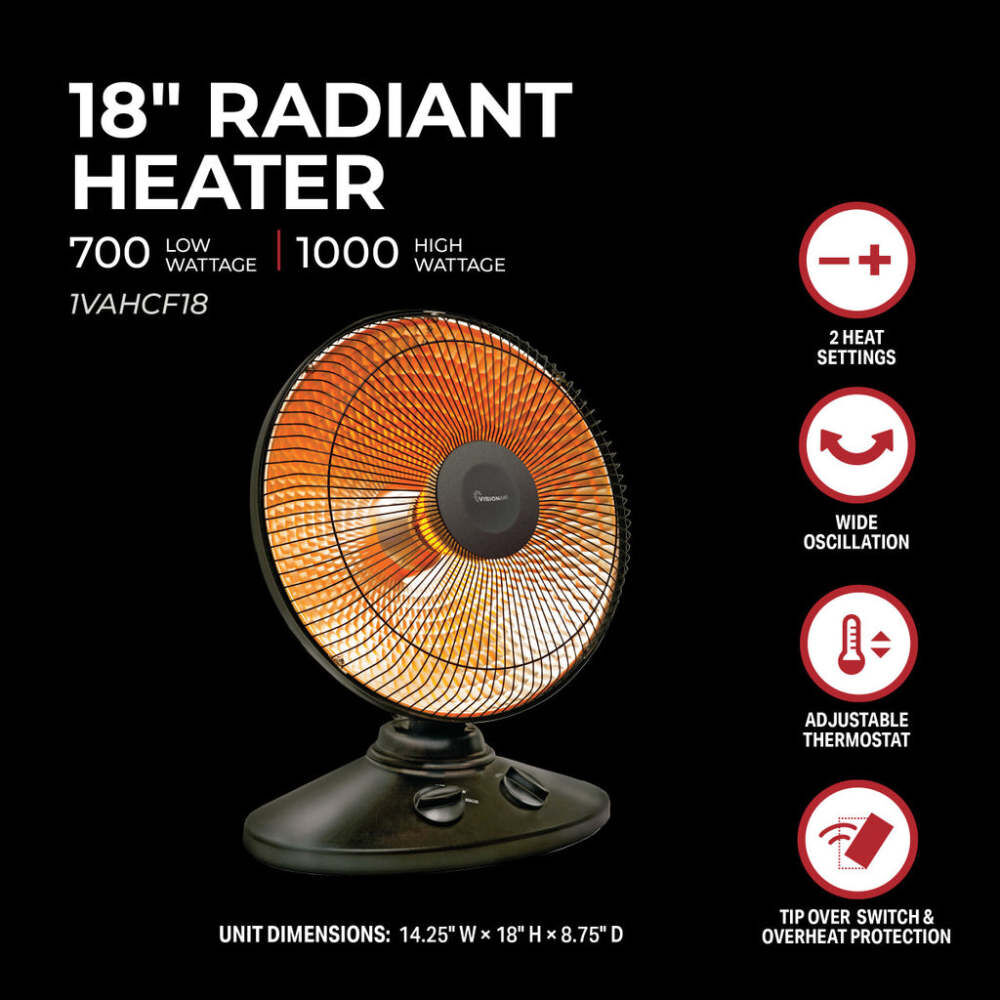 Best Heater For 1000 Sq Ft VisionAir 16 In. 700/1000W 3412 Btu 160 Sq-Ft. Radiant Dish Heater