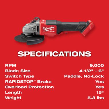 Milwaukee M18 FUEL 4-1/2 in.-6 in. No Lock Braking Grinder with Paddle Switch (Bare Tool), large image number 7