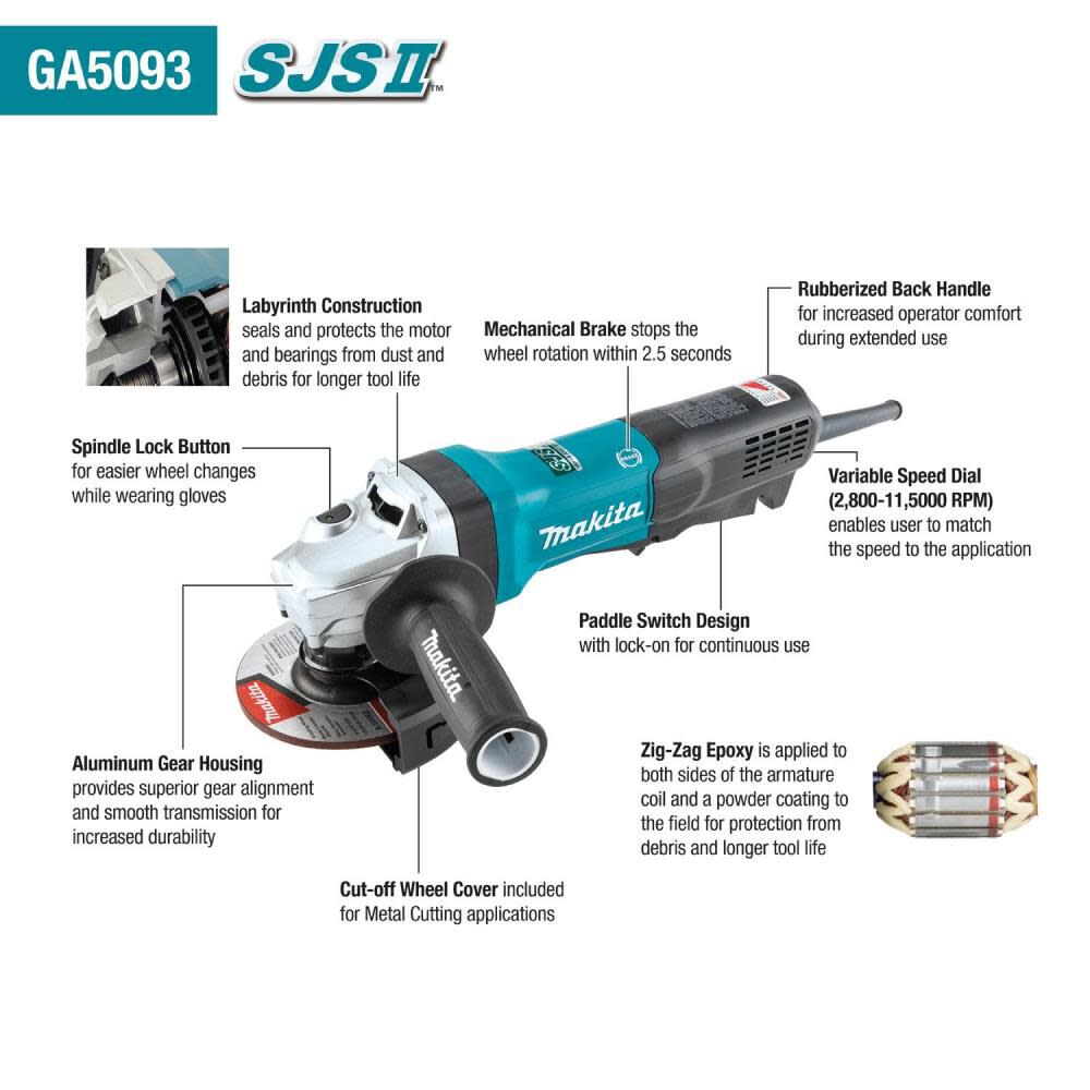 Makita 5 in SJS II High-Power Angle Grinder, Paddle Switch