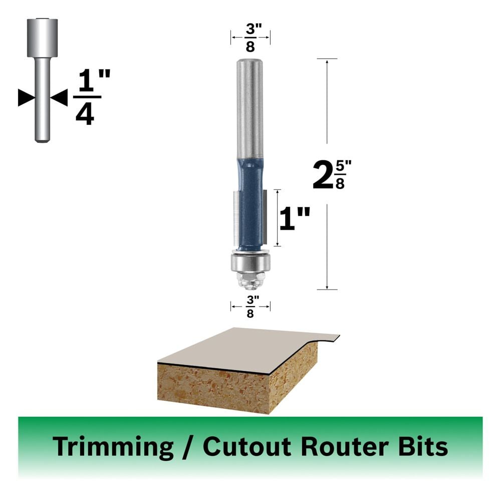 Bosch 3/8 Inch x 1 Inch Carbide Tipped 2-Flute Flush Trim Bit, large image number 2